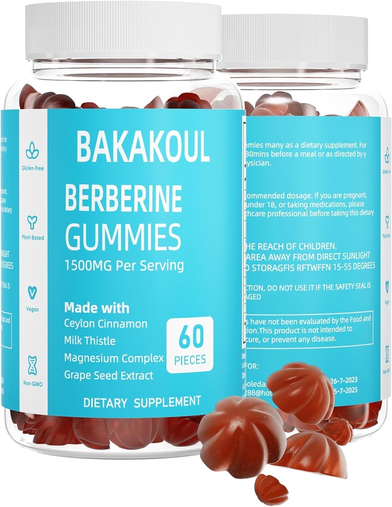 Βερβερίνη με Ceylon Κανέλα Gummies, χωρίς ζάχαρη Βερβερίνη 1500 mg και Ceylon Κανέλα 500 mg, Υψηλής ισχύος Βερβερίνες Gummies με Μαγνήσιο Σύμπλεγμα και Γαϊδουράγκαθο Γάλα, 60 Gummies