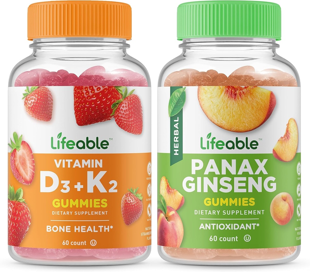 Ζωοποιήσιμη βιταμίνη D3 + βιταμίνη K2 + Panax Ginseng, Gummies Bundle - Μεγάλη γεύση, συμπλήρωμα βιταμίνης, χωρίς γλουτένη, χωρίς γλουτένη, χωρίς γλουτένη, μασώμενη κοιλιά
