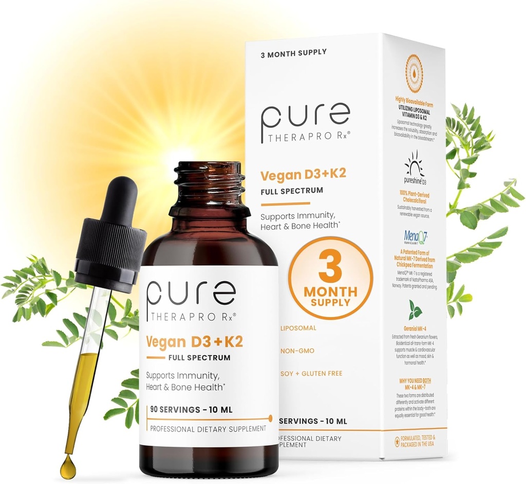 Pure Therapro Rx Vegan D3 + K2 Organic 100% Liposomal 10ml Made in USA | 3 Month Supply | Maximum Absorption Vitamin D3 and Vitamin K2 Supplements for Men and Women, D3 Vitamin 5000 IU