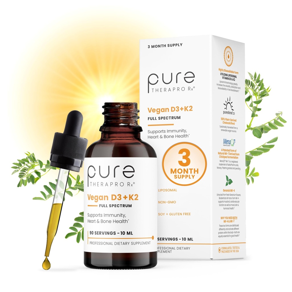 Pure Therapro Rx Vegan D3 + K2 Organik% Liposomal 10 ml ABD'de yapıldı | 3 Ay Supply | Erkekler ve Kadınlar için en büyük Apsiyon Vitamin D3 ve Vitamin K2 Supplements, D3 5000 IU
