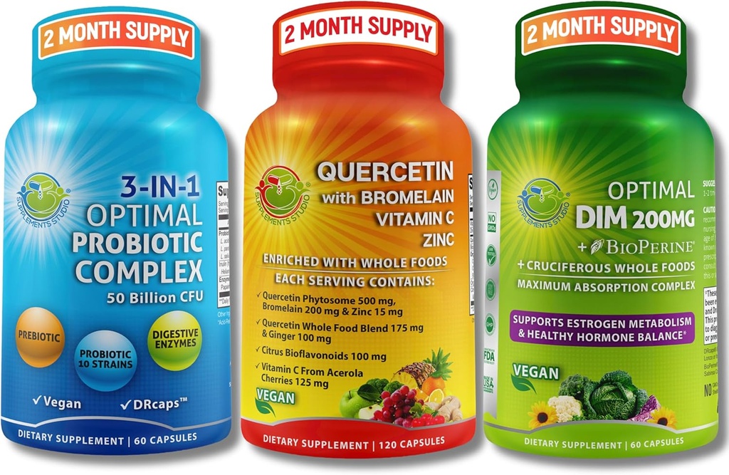 Vegan Hormonal, Immune & Gut Health Support Sche – Quercetin 500 mg with Bromelain, çinko & Vitamin C + DIM 200 mg with BioPerine® + 3in-1 Probiyotik 50 Milyar CFU with Digestive Enzymes & Prebiyotiks