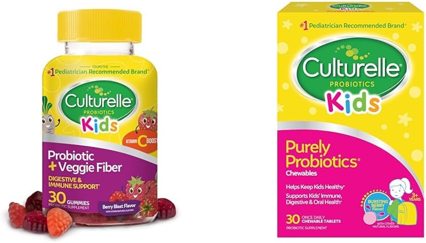 Culturelle Daily Probiotic for Kids + Veggie Fiber Gummies (Ages 3+) - 30 Count & Kids Chewable Daily Probiotic for Kids, Ηλικίες 3+, 30 Count, #1 Pediatrician-Recommend