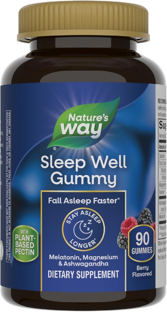 Nature's Way Sleep Well Melatonin ve Magnezyum Gummies, Yetişkin Destek*, Ashwagandha, Berry Flavored, 90 Gummies