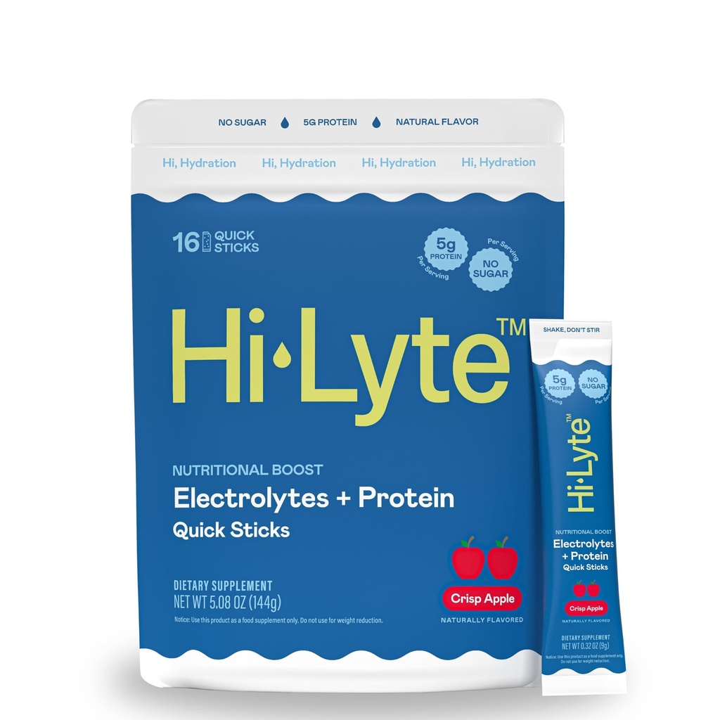 Hi-Lyte Electrolytes + Protein Quick Sticks Crisp Apple, 16 Servisler - sodyum, Pyum, Whey Protein - Keto Friendly - 5g Protein, No Sugar