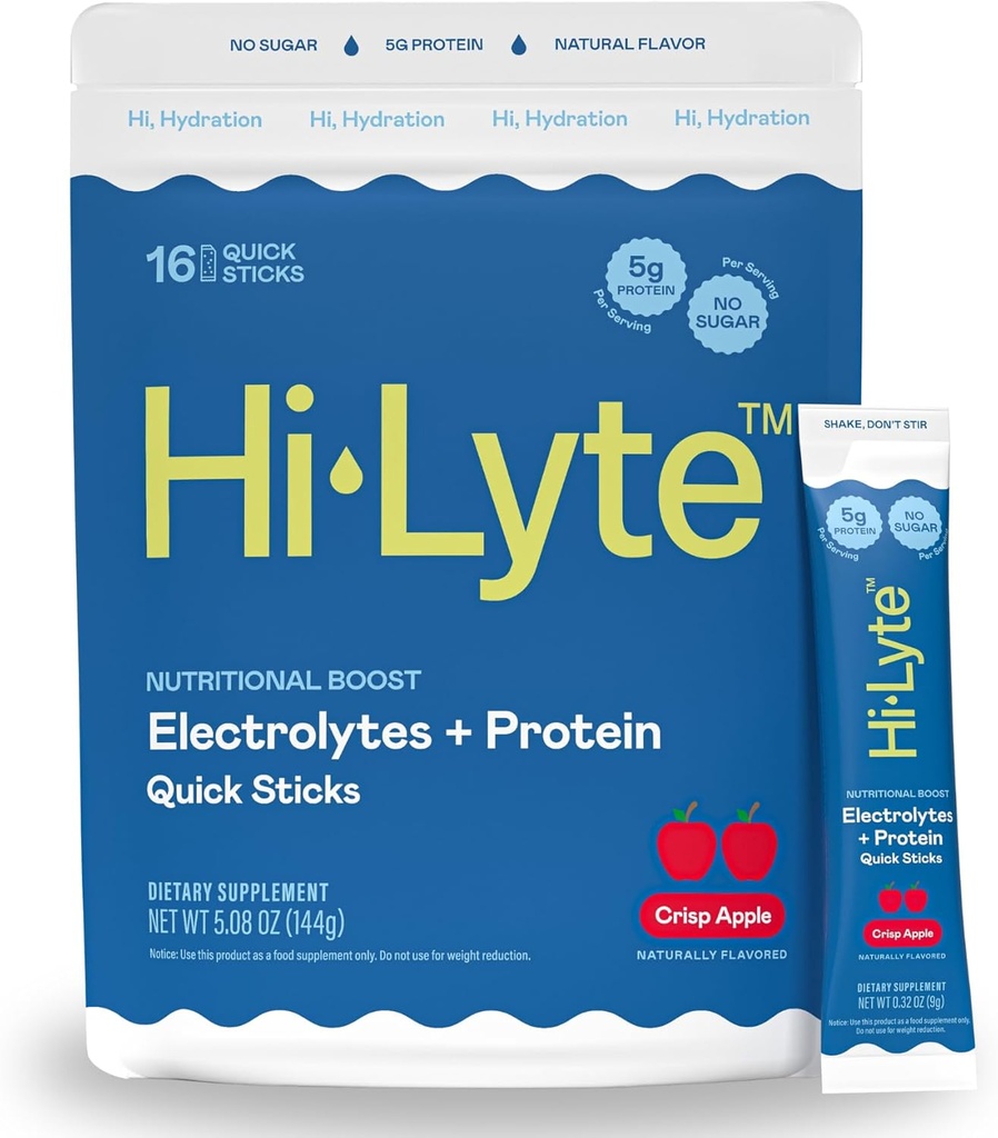 Hi-Lyte Electrolytes + Protein Quick Sticks Crisp Apple, 16 Servisler - sodyum, Pyum, Whey Protein - Keto Friendly - 5g Protein, No Sugar