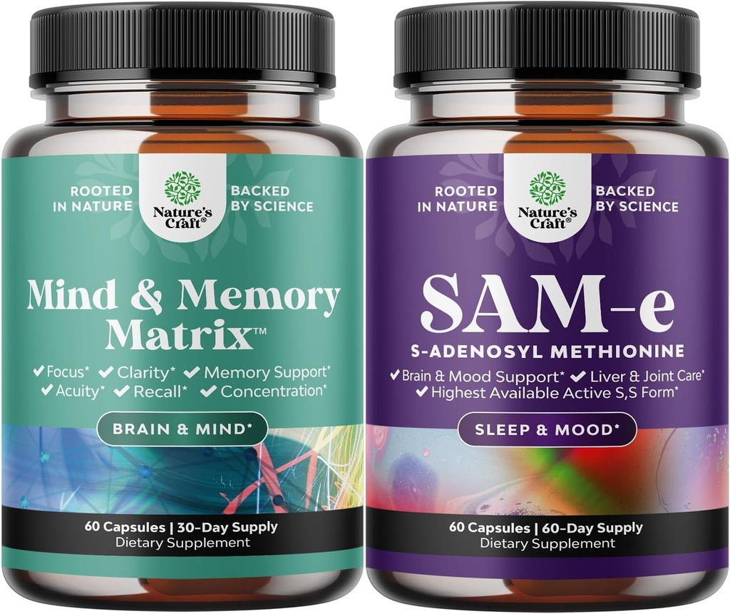 Bundle of Advanced Brain Supplement for Memory & Focus - Vitamins for Adults of All Ages and Sam-E 200mg Mood Support Supplement - S-Adenosyl Methionine for Natural Relaxing Mood Boost Brain Support