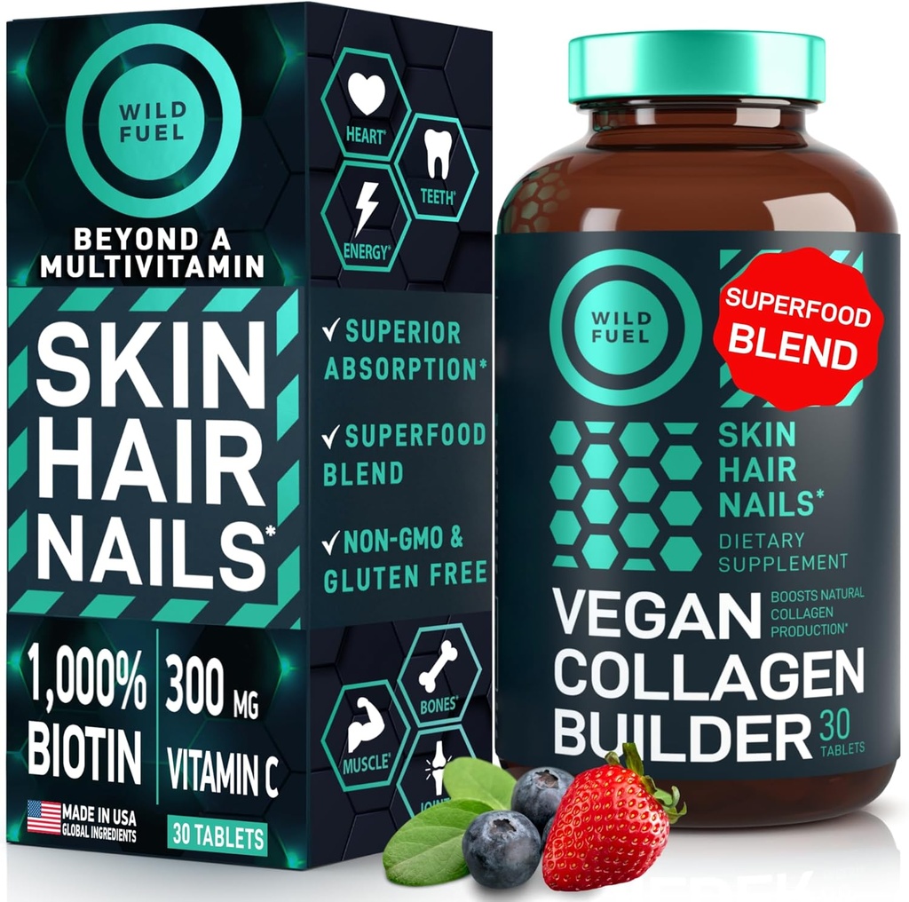 WILD FUEL Vegan Collagen Builder - Βιοτίνη, Βιολογικά Superfood, Αμινοξέα Γλυκίνη, Λυσίνη, Proline Plant-Based Collagen Booster Συμπληρώματα - 30 Organic Extract Tablets