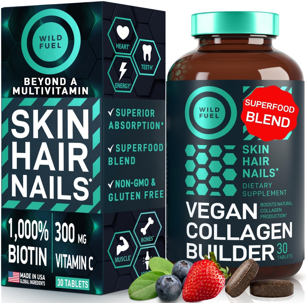 WILD FUEL Vegan Collagen Builder - Biotin, Organik Superfood, Amino Asits Glycine, Lysine, Proline Plant-Based Collagen ATM Supplements - 30 Organik Türlü Tabletler