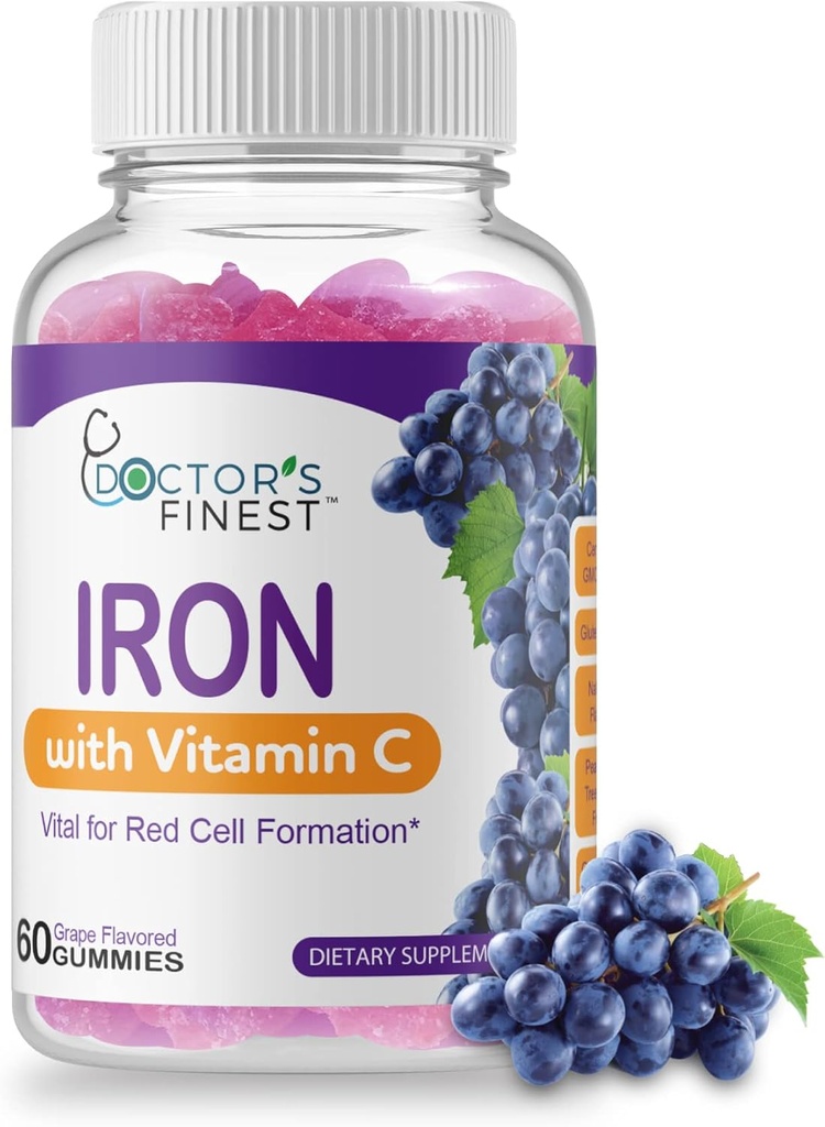 Doktorlar Iron 10 mg C Gummies, Vegetarian GMO-Free Gluten Free, Great Tasting Natural Grape Flavor Gummy Vitamins, Diyetary Supplement, Red Hücre Formasyon, Yetişkinler ve Çocuklar için, 60 Gummies