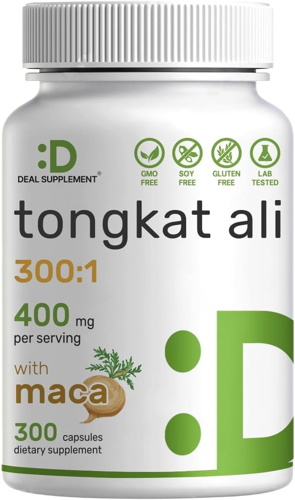 DEAL SUPPLEMENT Tongkat Ali Extract 300:1 400 mg & Maca Root 400 mg | 300 Capsules, Ultra Strength Longjack (Eurycoma Longifolia) + Peru Maca – Non-GMO, Herbal Supplement for Men Health, Performance