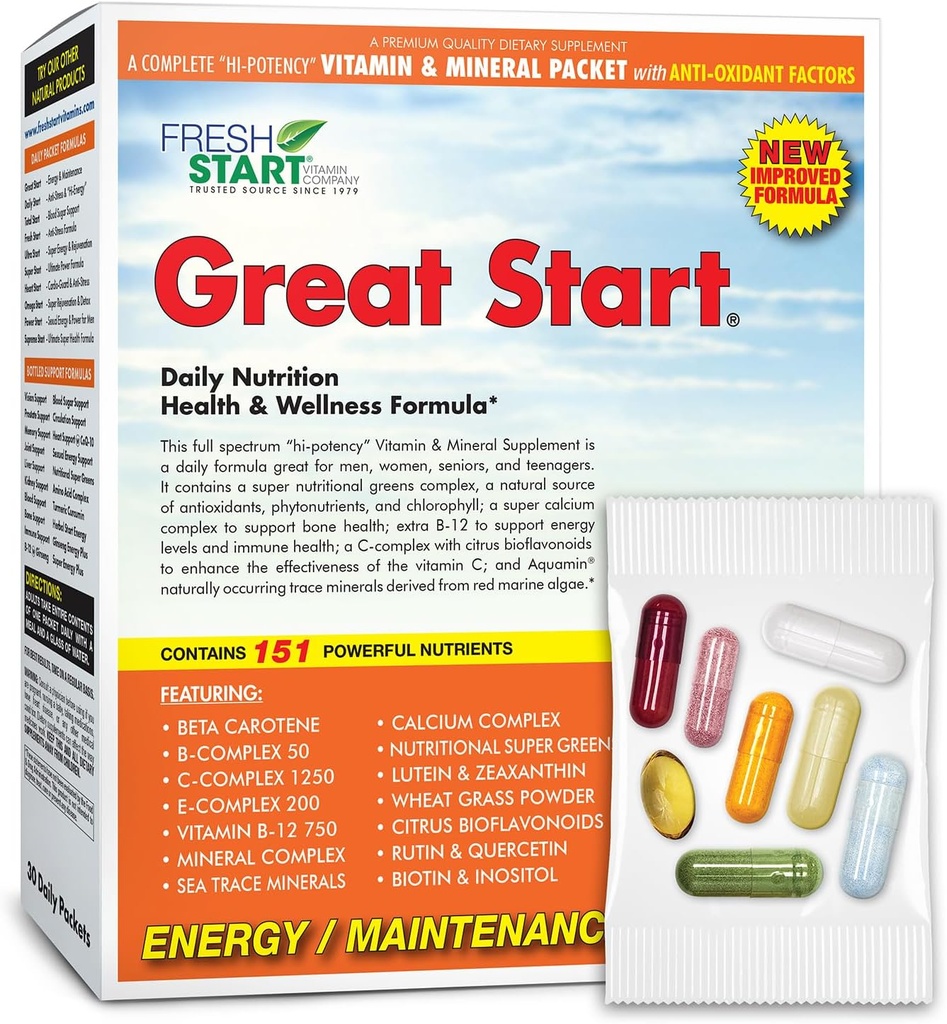 Great Start Complete Daily Vitamin Paketi | Energy & Essentials | Vitamin A, B, C, D, E, B12, Biotin, Minerals,dis, Magnezyum, çinko, Super Greens (30 Packets)