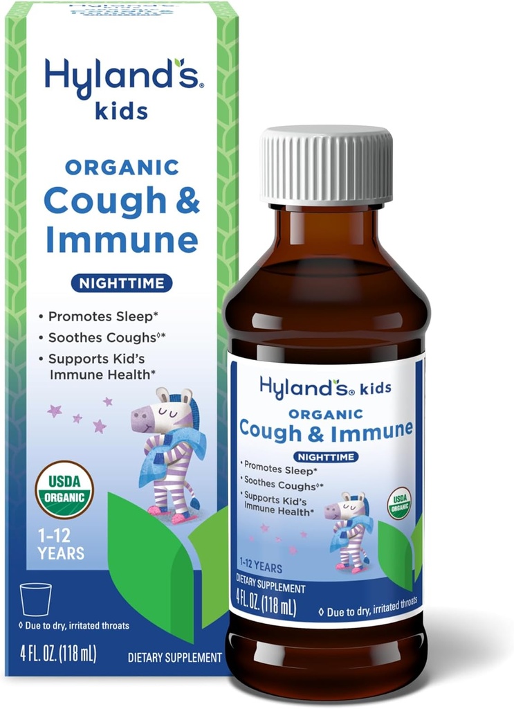 Hyland's Kids Nighttime Organic Cough Syrup ve Immune Support with Agave, Elderberry and Pomegranate, Soothes Cough, and Supports Immunity, 4 Fl. Oz.