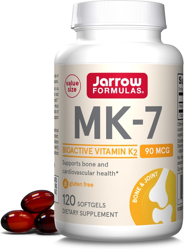 Jarow Formulas MK-7 90 mcg - Βιοενεργή μορφή βιταμίνης K2-120 σερβιρίσματος (Softgels) - για οστική και καρδιοαγγειακή υγεία - Βιταμίνη K2 MK-7 Συμπλήρωμα διατροφής - K2 Συμπλήρωμα βιταμίνης MK-7 - Χωρίς γλουτένη