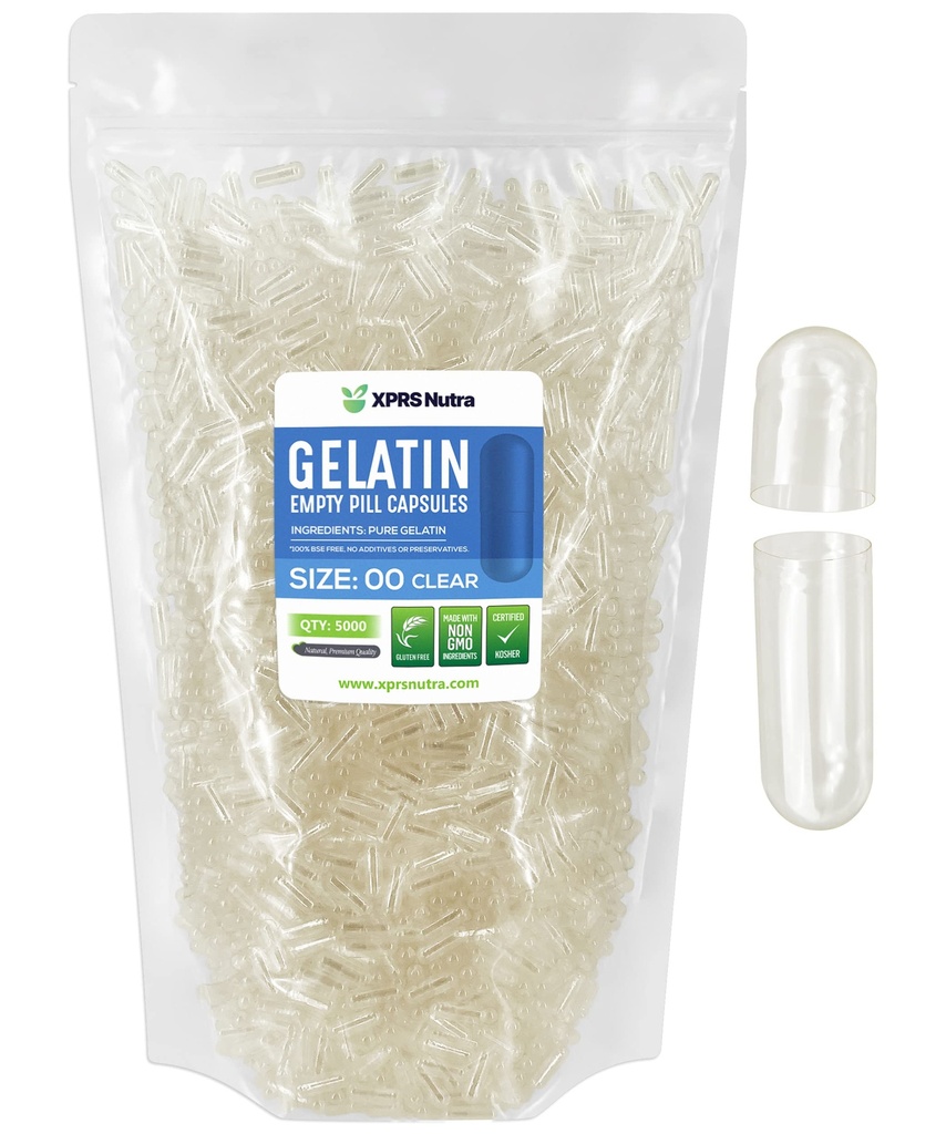 XPRS Nutra Μέγεθος 00 Κενές κάψουλες - 5000 Clear Clear Empty Gelatin Κάψουλες - Χάπια DIY Καψάκιο Γέμισμα - πληρώσιμα χάπια Gel για να το κάνετε μόνοι σας Συμπληρώματα
