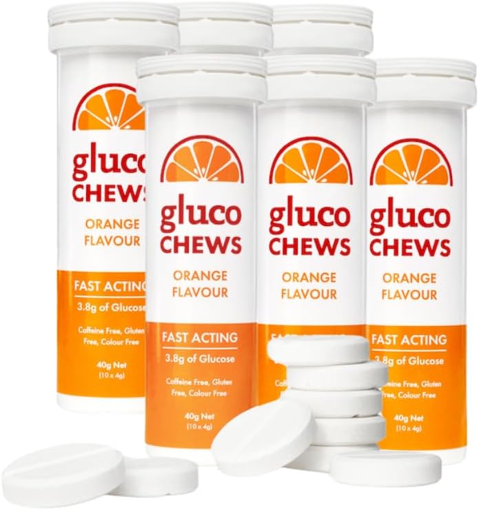 Glucochews Orange Glucose Tabletleri - 60 Tabletler (10 Tube, 6 Pocket-Sized Tubes) – 3.8g Fast-Acting Glucose each – Boosts Energy & Blood Sugar – Gluten-Free, Fat-Free, Caffeine-Free, Fat-Free, Caffeine-Free