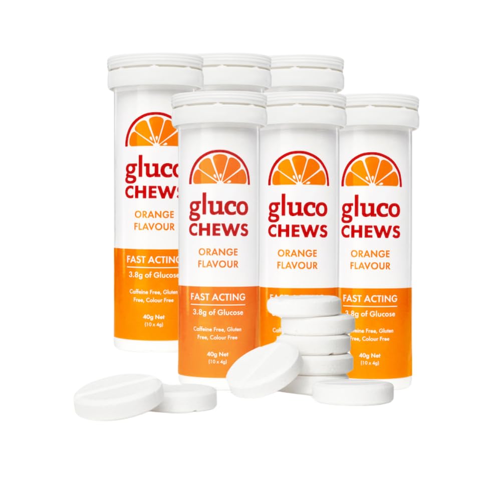 Glucochews Orange Glucose Tabletleri - 60 Tabletler (10 Tube, 6 Pocket-Sized Tubes) – 3.8g Fast-Acting Glucose each – Boosts Energy & Blood Sugar – Gluten-Free, Fat-Free, Caffeine-Free, Fat-Free, Caffeine-Free