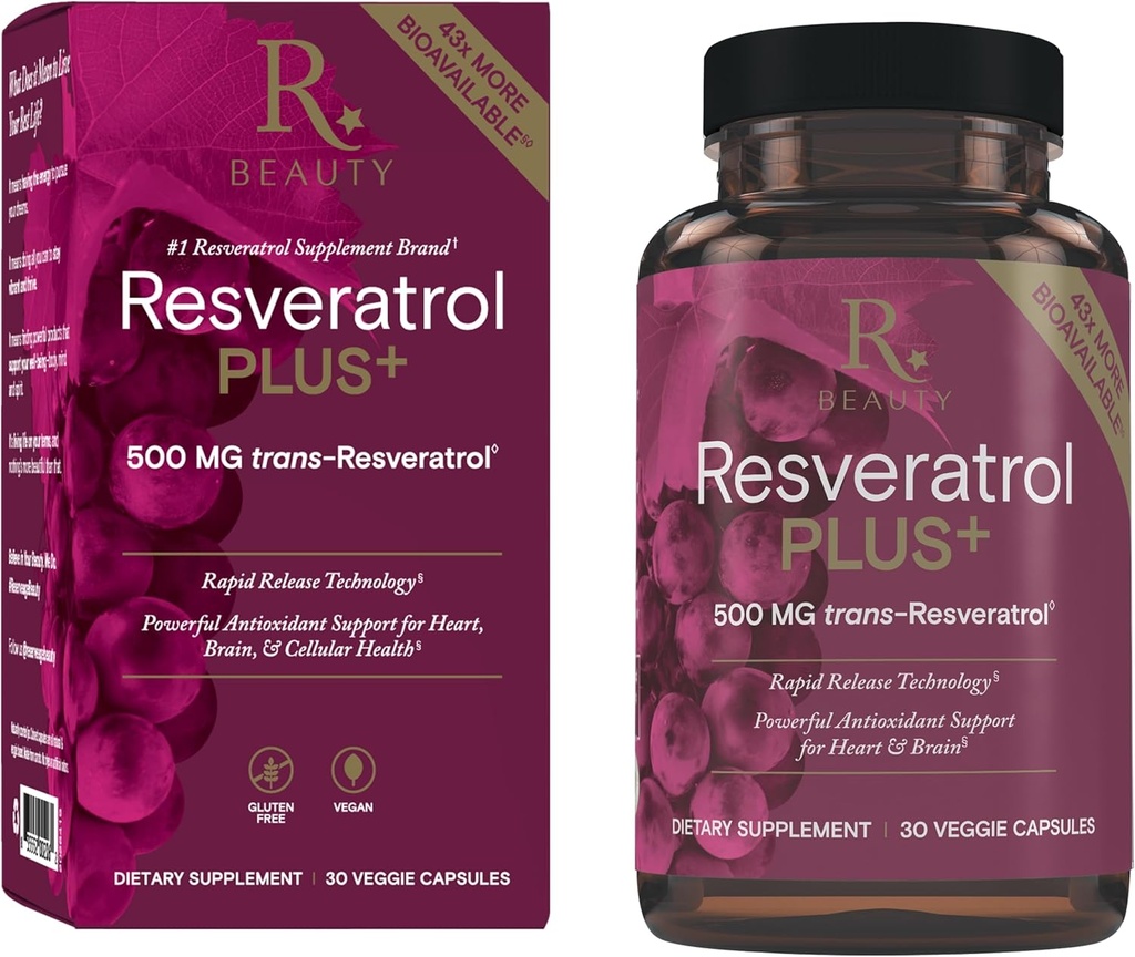 Reserveage Beauty Resveratrol Plus + 500 mg - Immune System, Brain Health & Cellular Health - Gluten-Free & Vegan - 30 Veggie Capsules