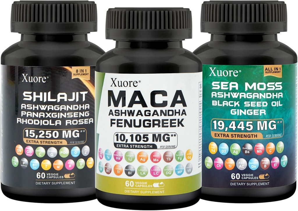 Sea Moss,Shilajit,Maca, Black Seed Oil, Ashwagandha, Ginger, Shilajit, Rhodiola Rosea, Panax BTC, Maca Root, Fenugreek, Trifibranol100X, All in one Supplements (1 Pack)