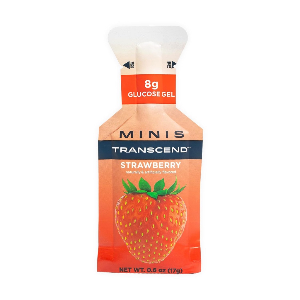 Transcend Foods Mini Strawberry Gel (.6 oz, Pack of 24) Γέλη φράουλας ταχείας δράσης Gel Μέγεθος ταξιδιού, Χωρίς καφεΐνη, Χωρίς γλουτένη