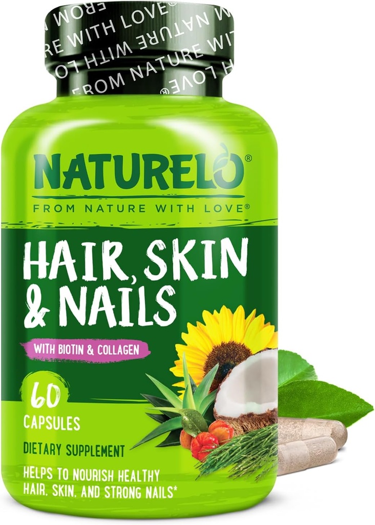 NATLO Saç, Skin ve Nails Multivitamin - 5000 mcg Biotin, Collagen, Natural Vitamin E - Sağlıklı Cilt için Tamam, Kadınlar ve Erkekler için Saç Büyümesi 60 Capsules