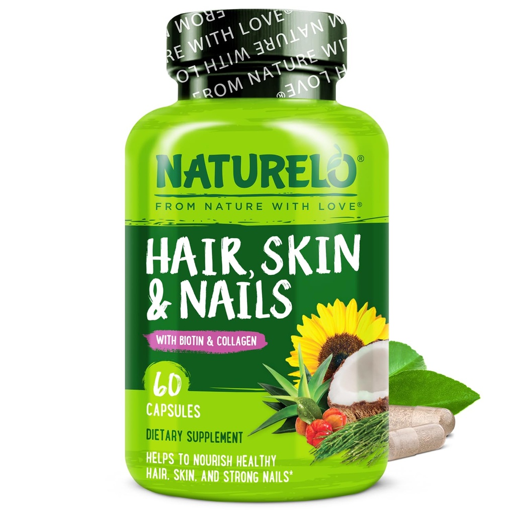 NATURELO Μαλλιά, δέρμα και νύχια πολυβιταμίνη - 5000 mcg Βιοτίνη, κολλαγόνο, φυσική βιταμίνη Ε - Συμπλήρωμα για υγιή δέρμα, ανάπτυξη μαλλιών για γυναίκες και άνδρες 60 κάψουλες