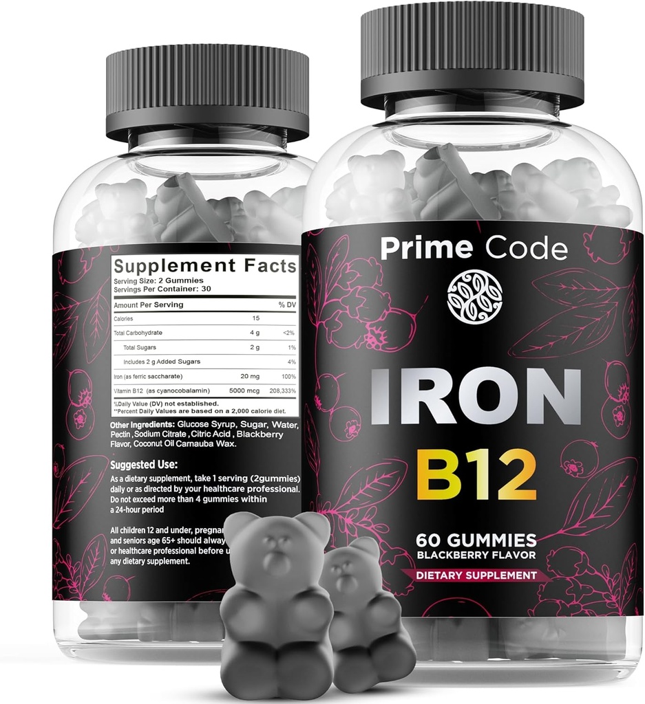 Βιταμίνη B12 Gummies για γυναίκες & άνδρες, 20mg συμπλήρωμα σιδήρου για ενήλικες, Free Builder αίματος για αναιμία, Βιταμίνη B12 Gummies με σίδηρο & φυσικό άρωμα βατόμουρο, Vegan, μη-GMO, 30 ημέρες προσφοράς