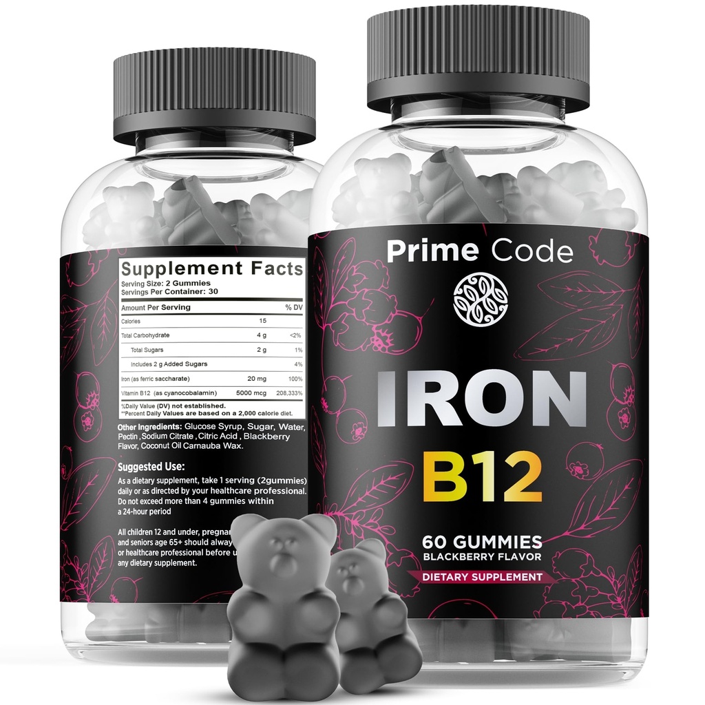 Kadınlar ve Erkekler için B12 Vitaminleri, Yetişkinler için 20 mg Demir Supplement, Anemi için Free Blood Builder, Iron & Natural Blackberry Flavor, Vegan, Non-GMO, 30 Day Supply Builder
