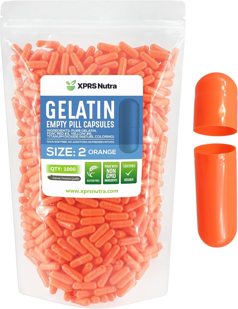 XPRS Nutra Boyutu 2 Boş Kapsüller - 1000 Kont Boş Gelatin Capsules - Pills DIY Capsule - Pure Bovine Pill Gel Caps For Do-It- Yourself Supplements (Orange)