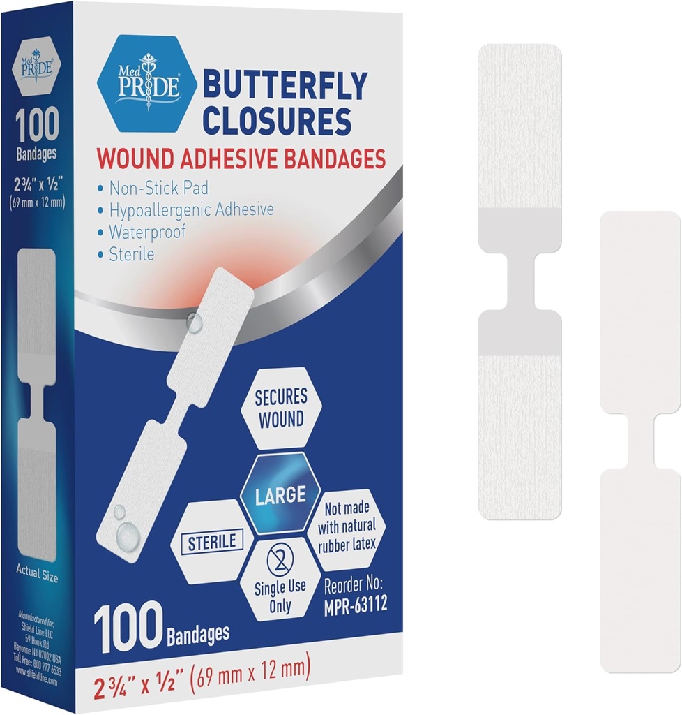 MED PRIDE Butterfly Tape Closures Bandages for Wound Closure, Sterile Hypoallergenic Adhesive Non-Stick Pad, Latex-Free, Pack of 100 Assorted Sizes (Large)