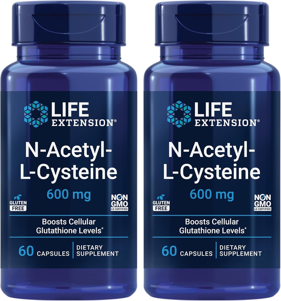 Life Extension N-Acetyl-L-Cysteine (NAC), Immune Response, Respiratory Health, Liver Health, NAC 600 mg, antioxidant Defense, Free radicals, Easy to Absorb - Two Pack x 60 Capsules