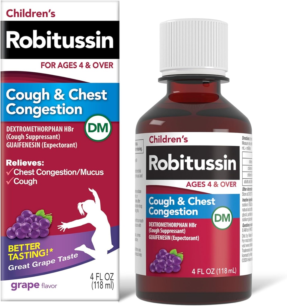 Robitussin Children's Cough and Chest Congestion DM, Cough Medicine for Kids, Grape Flavor - 4 Fl Oz Şişe, 300318715130