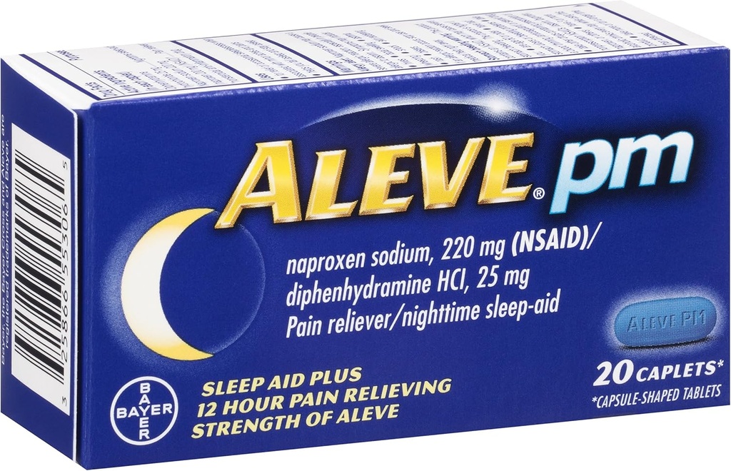 Aleve PM Caplets, Naproxen sodyum 220 mg (NSAID)/diphenhydramine HCl 25 mg, Ağrı Reliever/Nighttime Sleep-Aid, Non-Habit Form, 20 Kont