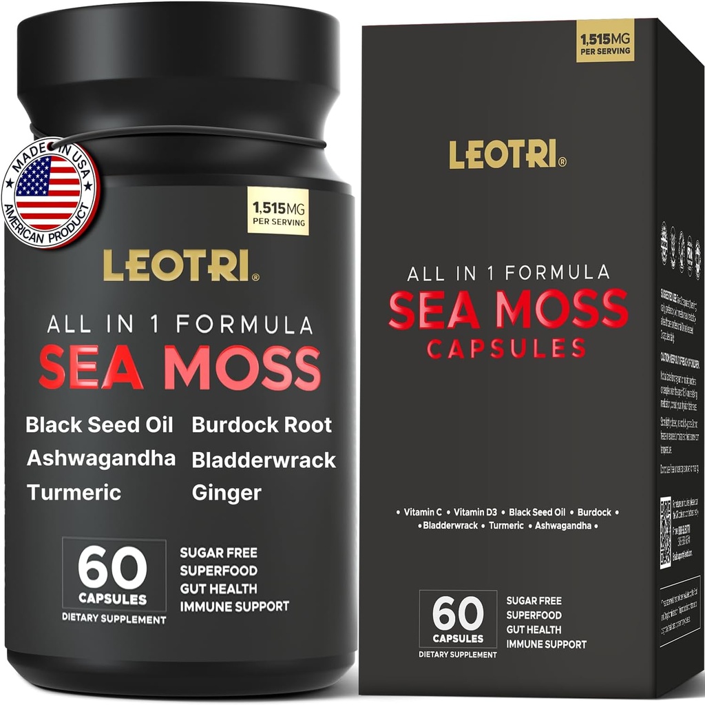Organik İrlandalı Deniz Moss Capsules: Sea Moss 10500 mg Black Tohum Petrol 6000 mg Turmeric 3000 mg Ashwagandha 3000 mg Burdock Kök 3000 mg Ginger for Skin Gut Health Superfood 60 Capsules