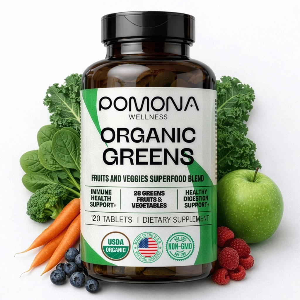 Pomona Wellness Super Greens συμπλήρωμα, Γεμάτο από βιταμίνες & μέταλλα σούπερ τροφίμων, φρούτα & λαχανικά, πράσινο σκόνη για Μπλόφα και πέψη, υγεία των ούρων, USDA οργανικά, μη-GMO, 120 δισκία