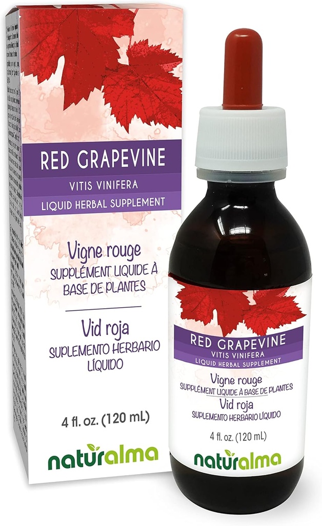 Naturalma Red Grapevine (Vitis vinifera) Leaf Alkol Özgür Tincture - 4 fl oz Sıvı Ekstraksiyon - Herbal Supplement - Vegan