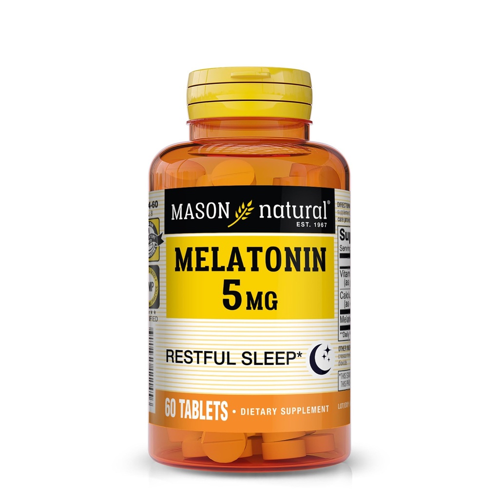 Mason Natural Μελατονίνη 5 mg με B6 & Ασβέστιο, Φυσική Βοήθεια στον Ύπνο, Υποστηρίζει Αναπαύσιμο Ύπνο, 60 δισκία