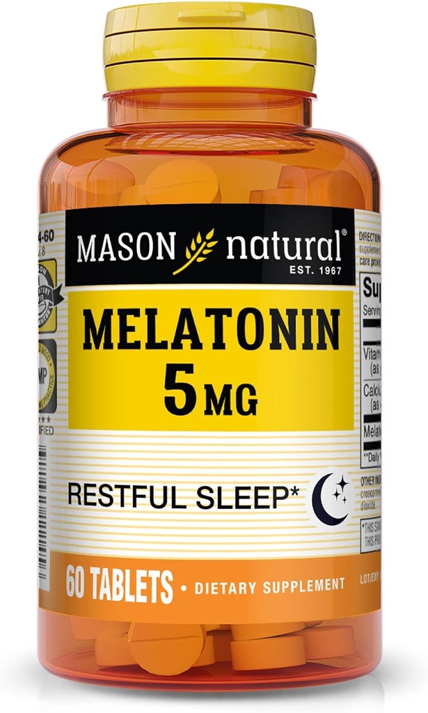 Mason Natural Μελατονίνη 5 mg με B6 & Ασβέστιο, Φυσική Βοήθεια στον Ύπνο, Υποστηρίζει Αναπαύσιμο Ύπνο, 60 δισκία
