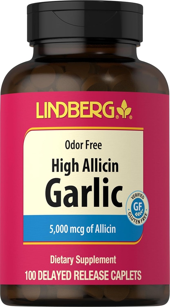 Lindberg Sat Supplement Pills | 500 mg | 100 Caplets | Odorless with High Allicin (5000mcg) | Allium Sativum Extract | Non-GMO, Gluten Free