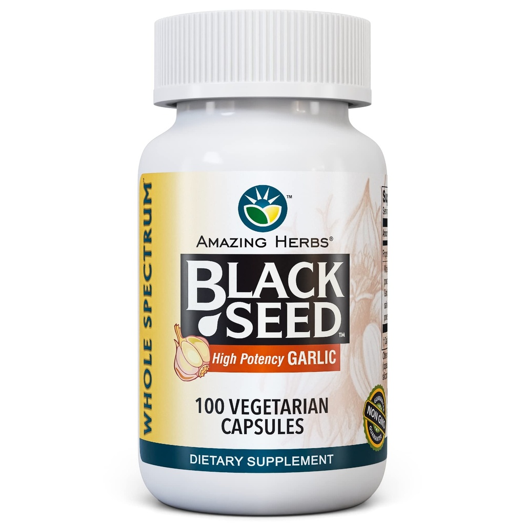 Amazing Herbs Whole Spectrum Black Seed & High Potency,, Vegetarian Capsules - Gluten-Free, Non-GMO, Vegan, Supports Immune System, Lung Function & Cardiovascular Health - 100 Counti