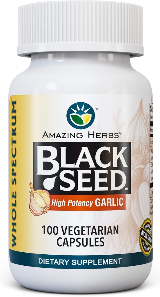 Amazing Herbs Whole Spectrum Black Seed & High Potency,, Vegetarian Capsules - Gluten-Free, Non-GMO, Vegan, Supports Immune System, Lung Function & Cardiovascular Health - 100 Counti