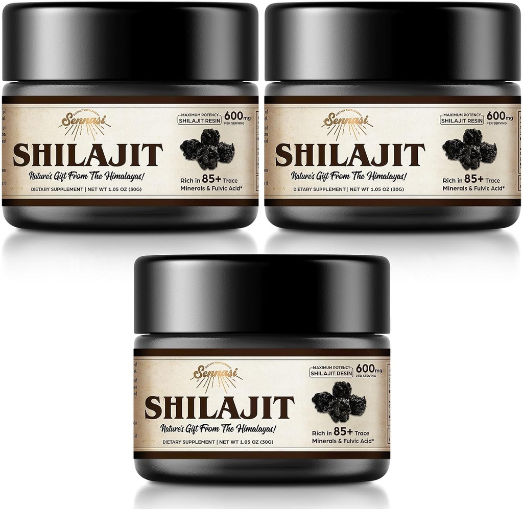 Shilajit Pure Himalayan Organik Shilajit Giyim - 600 mg En Fazla Potency Natural Organic Shilajit Wear with 85+ Trace Minerals & Fulvic Acid for Energy, Immune Support, 30 Grams (3 Pack)