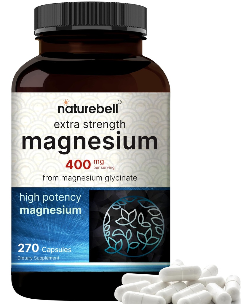 NatureBell Magnezyum Glycinate 400 mg Elemental, 270 Capsules | 100% Chelated for High Aborps | Supports Muscle, Bone & Heart Health | Non-GMO, Gluten-Free, Veganal, 270 Capsules | 100% Chelated for High Abors | Supports Muscle, Bone & Heart Health | Non-GMO, Gluten-Free, Veganal, Veganal