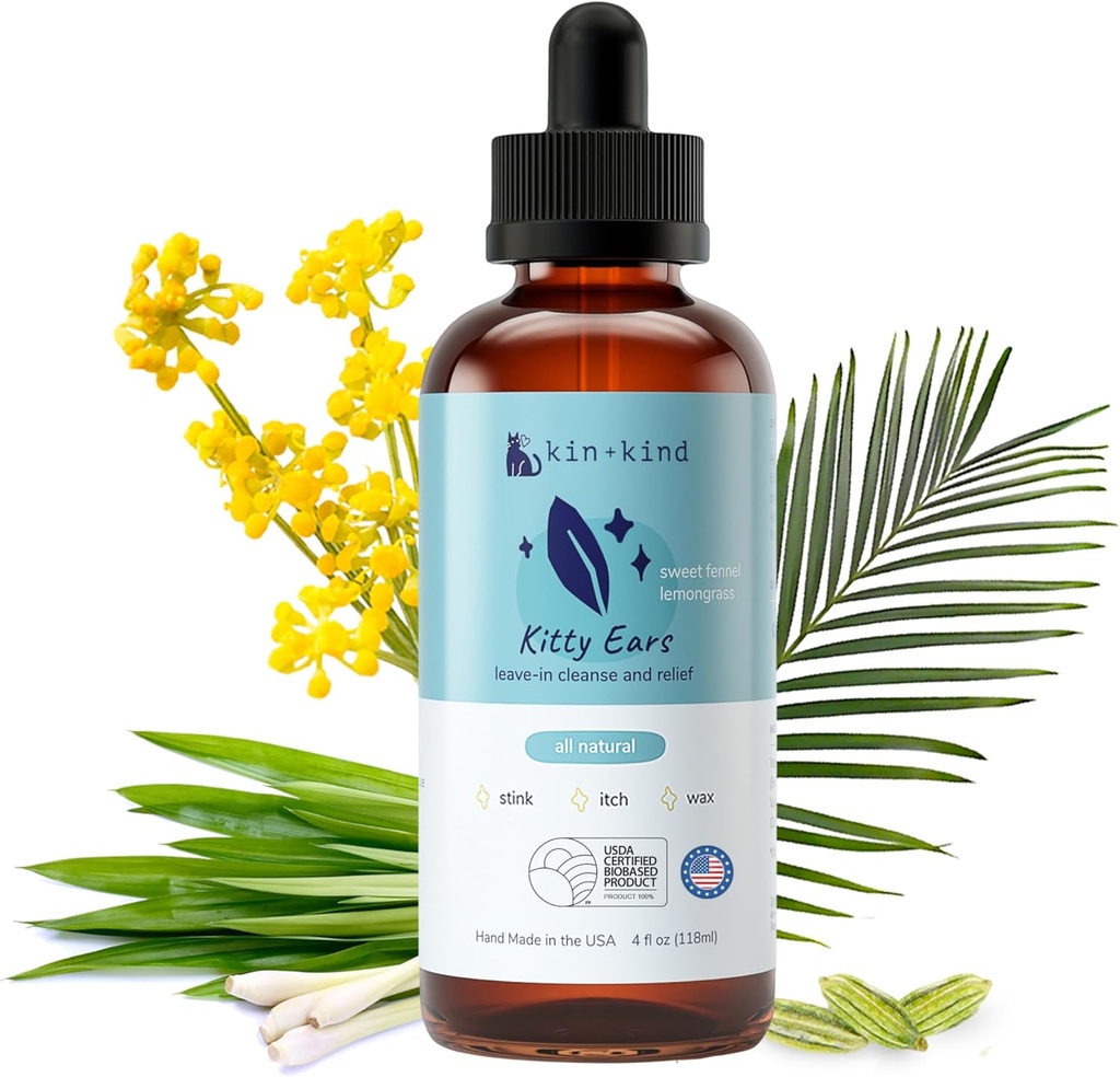 kin+kind Cat Ear temizleyici - Cat Ear Drops, Vet Ear Solution, Eliminates Wax, Odor ve Itchy Irritation, Cat Ear Clean Solution, Natural in-Home Pet Grooming - Made in USA