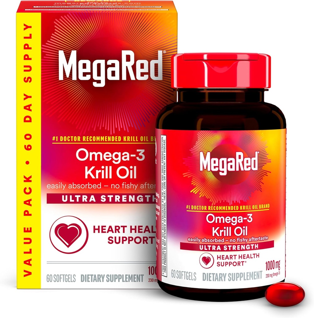MegaRed Ultra Strength 1000 mg Omega-3 Krill Oil Supplement with EPA/DHA, Astaxanthin & Phospholipids, No Fish Oil Aftertaste Supports Heart, Brain, Joint and Eye Health, 60 Count Softgels.