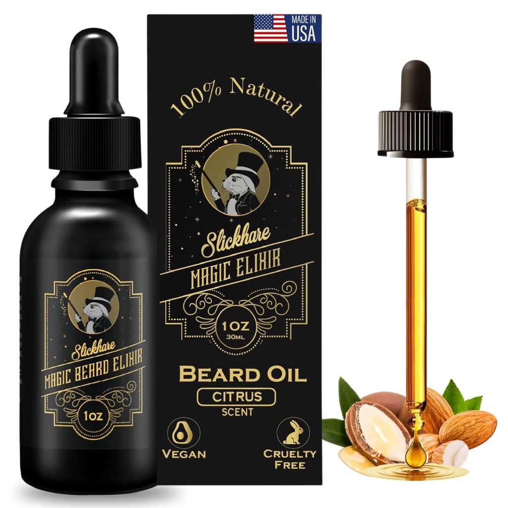 Slickhare Beard Oil for Men | All Natural, Organic Beard & Mustache Growth Oil For Mens | 1 Fl oz Pack of 1, Made in USA | Armağan for Men, Boyfriend| Husband | Citrus Scented Beard Softener for men