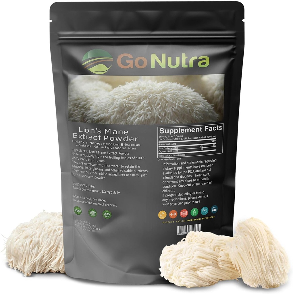Go Nutra - Lion's Mane Toz, Potent 10:1 Lion's Mane Mushroom Tozu% 30 Polysaccharides, Pure Lion's Mane Extract for Tea, Juice, Water, and More, Non-GMO, Vegan, 4 ozz