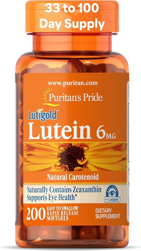 Puritan's Pride Premium Lutigold™ Lutein Carotenoid 6mg with Zeaxanthin for Men and Women, Dietary Supplement for Eye Health Support, 200 Rapid Release Softgels