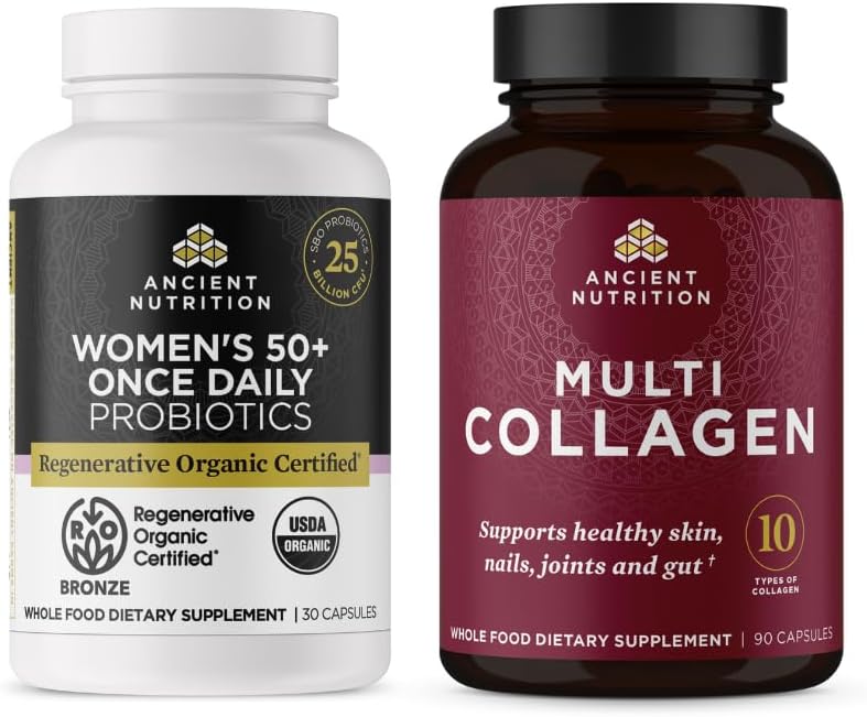 Eski Beslenme Rejeneratif Organik Onaylanmış Kadın 50+ Probiyotiks Capsules, 30 Kont + Multi Collagen Capsules, 90 Kont