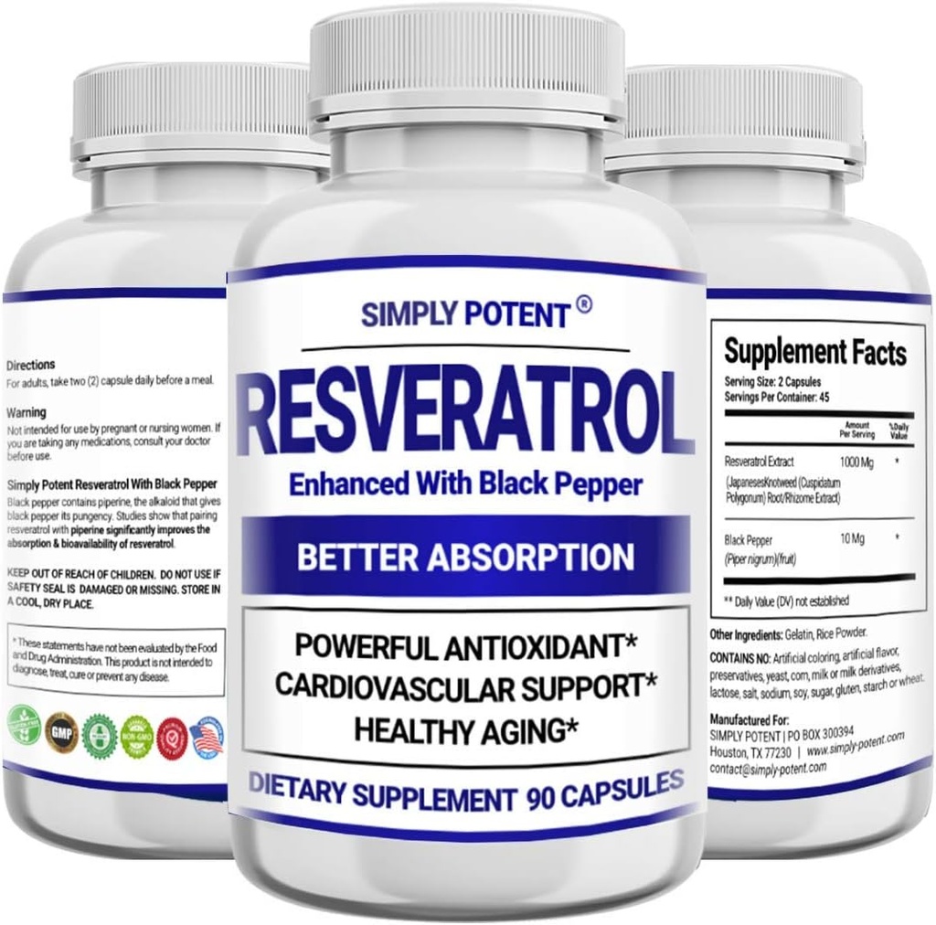Resveratrol 1000 mg Supplement, Trans Resveratrol 500 mg, Resveratrol Max Abors için Black Pepper ile Geliştirildi, Güçlü Antioksi & Anti-Aging Pills for Heart, Immune & Skin Health, 90 Capsules