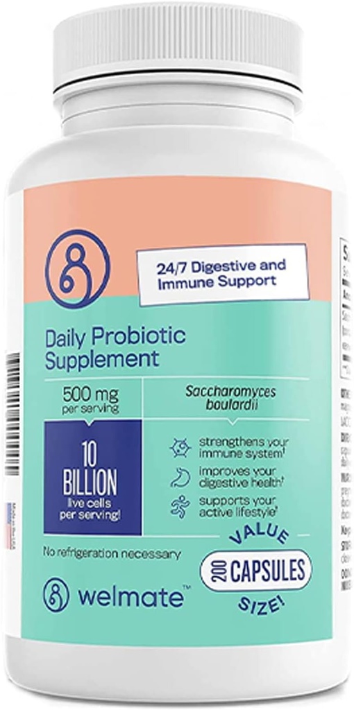 WeLMATE Saccharomyces Boulardii | Daily Probiyotik Supplement | 10 Milyar CFU | Immune Support | Digestive Health | Vegan | Organik | Gluten Ücretsiz | GMO | Erkekler ve Kadınlar | 200 Veggie Capsules